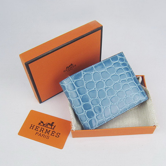 Cheap Replica Hermes Light-Blue Crocodile Veins Bi-Fold Wallet H014